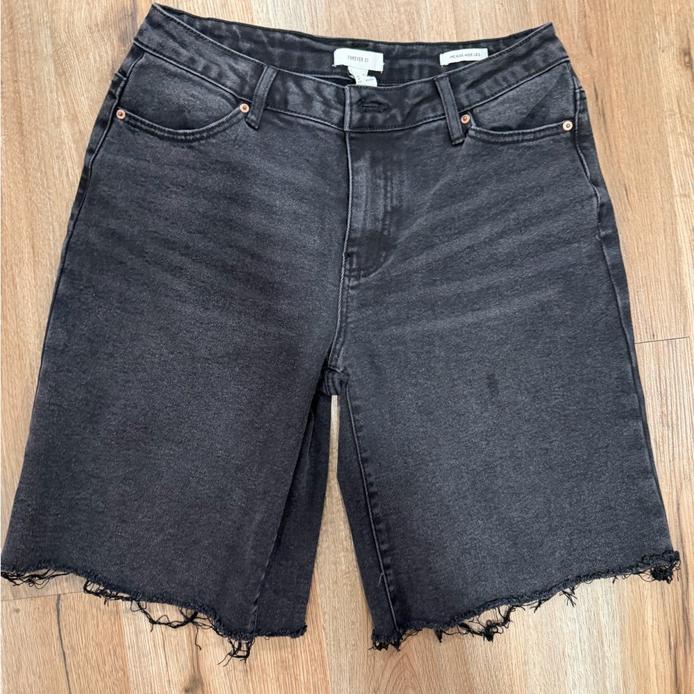 Forever 21 Black Denim Bermuda Shorts with Frayed Hem